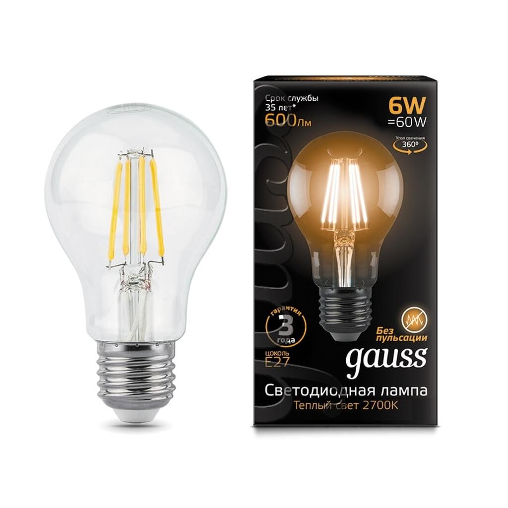 Лампа LED A60 E27 6W 2700К Gauss Filament 102802106