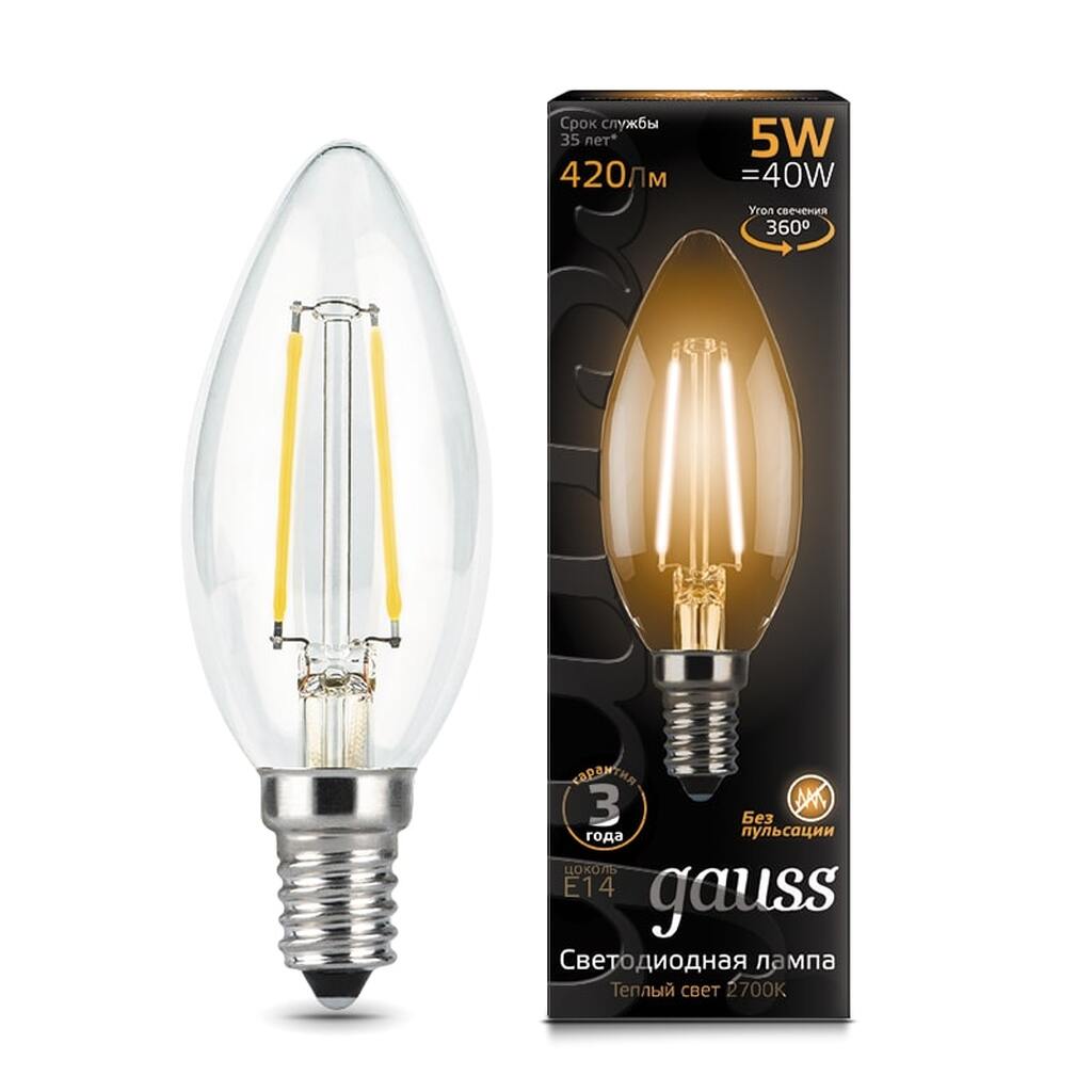 Лампа LED Candle E14 5W 2700К Gauss Filament 103801105