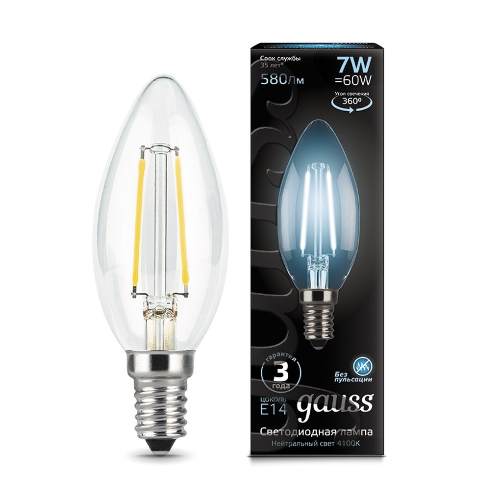 Лампа Gauss LED Filament Свеча E14 7W 580lm 4100K 103801207