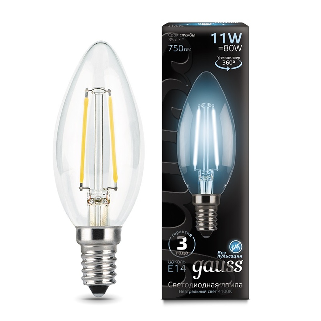 Лампа Gauss LED Filament Свеча E14 11W 750lm 4100K 103801211