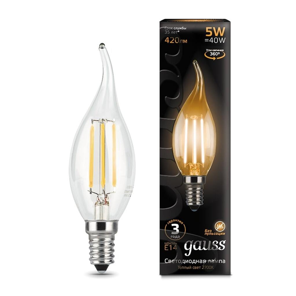 Лампа LED Candle tailed E14 5W 2700K Gauss Filament 104801105