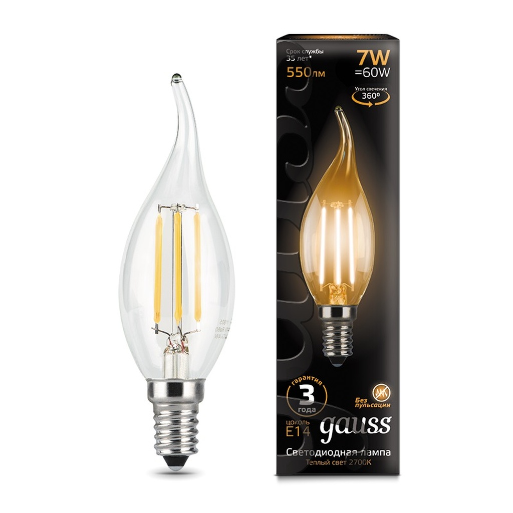 Лампа Gauss LED Filament Свеча на ветру E14 7W 550lm 2700K 104801107