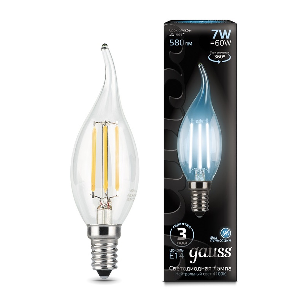 Лампа Gauss LED Filament Свеча на ветру E14 7W 580lm 4100K 104801207