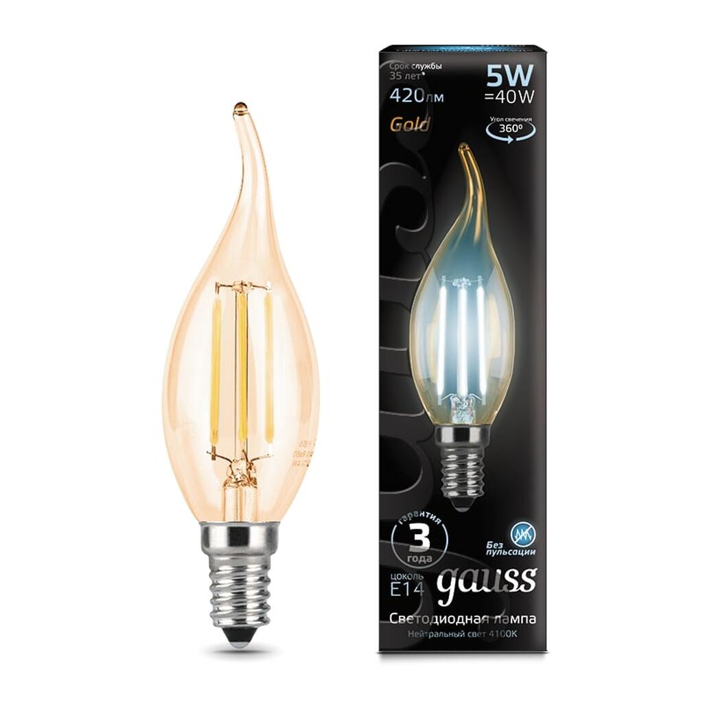 Лампа LED Candle tailed Golden E14 5W 4100K Gauss Filament 104801805