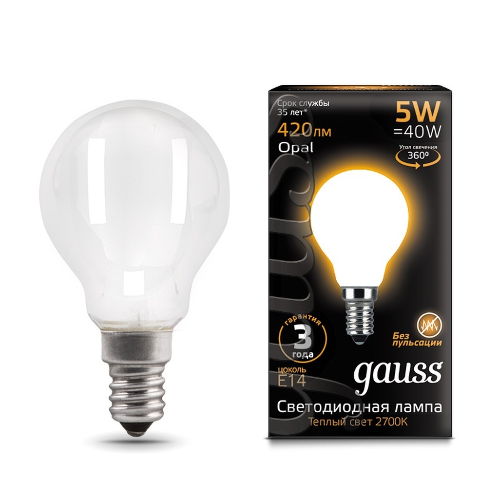 Лампа Gauss LED Filament Шар OPAL E14 5W 420lm 2700K 105201105