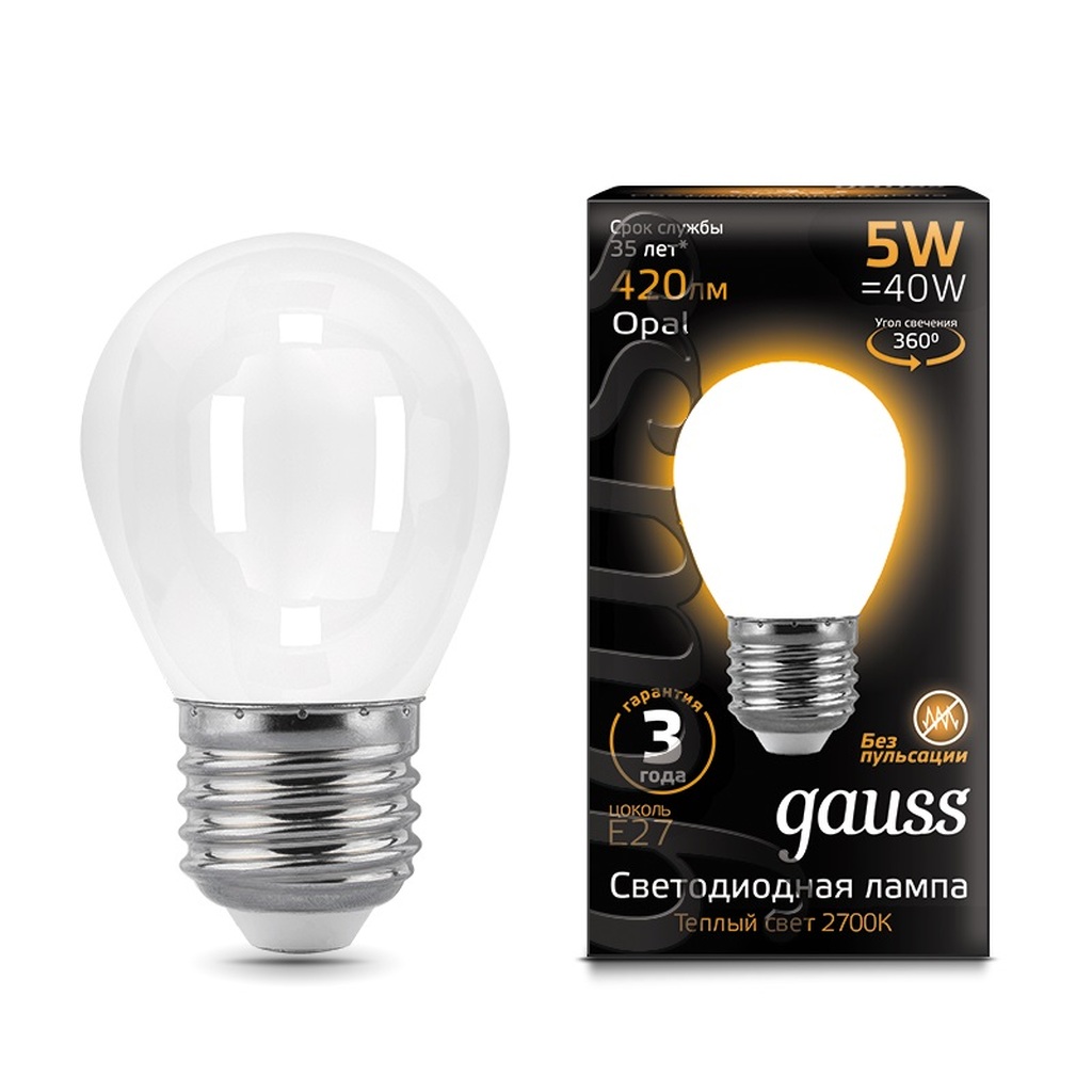 Лампа Gauss LED Filament Шар OPAL E27 5W 420lm 2700K 105202105