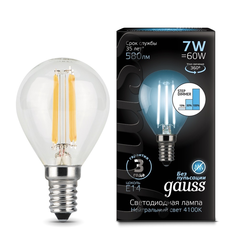 Лампа Gauss LED Filament Шар E14 7W 580lm 4100K 105801207-S