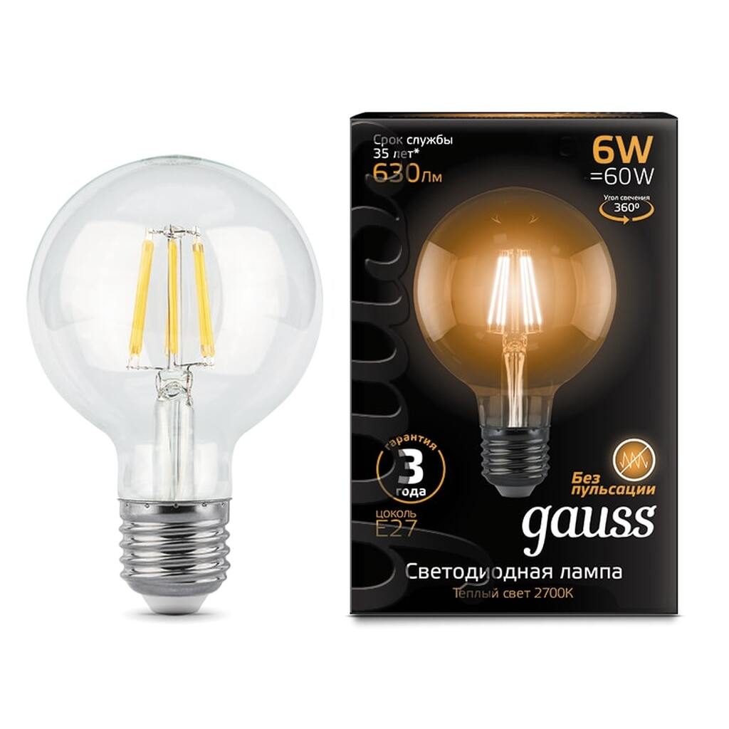 Лампа LED G95 E27 6W 2700K Gauss Filament 105802106