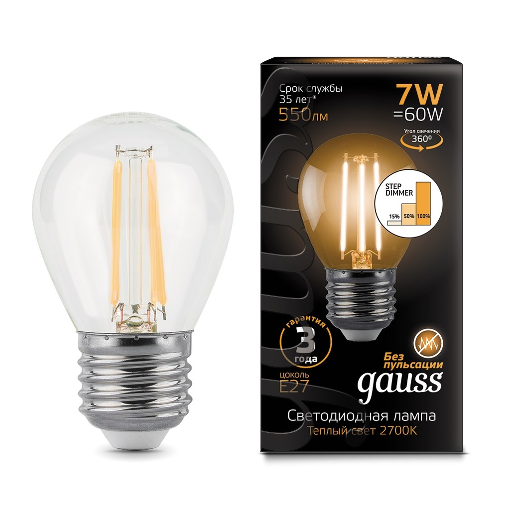 Лампа Gauss LED Filament Шар E27 7W 550lm 2700K 105802107 105802107-S