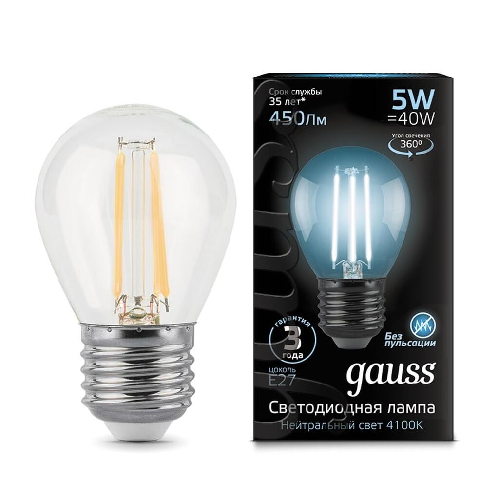 Лампа LED Globe E27 5W 4100K Gauss Filament 105802205