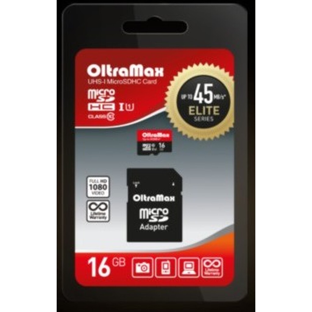Карта памяти OLTRAMAX MicroSDHC 16GB Class 10 UHS-1 Elite + адаптером SD 45 MB/s o-1073402