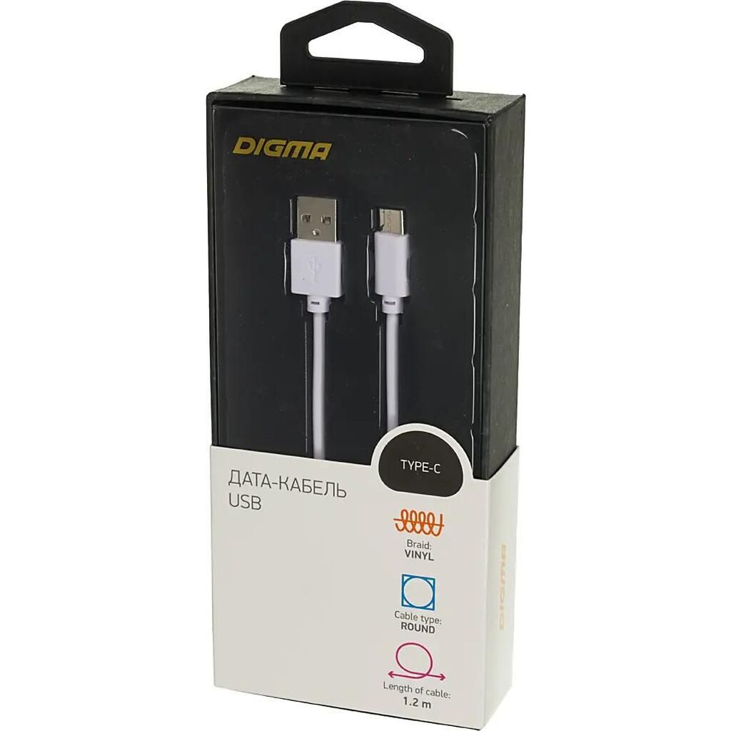 Кабель Digma USB Type-C (m) -  USB (m),  1.2м,  2A,  белый TYPE-C-1.2M-WH 1084560