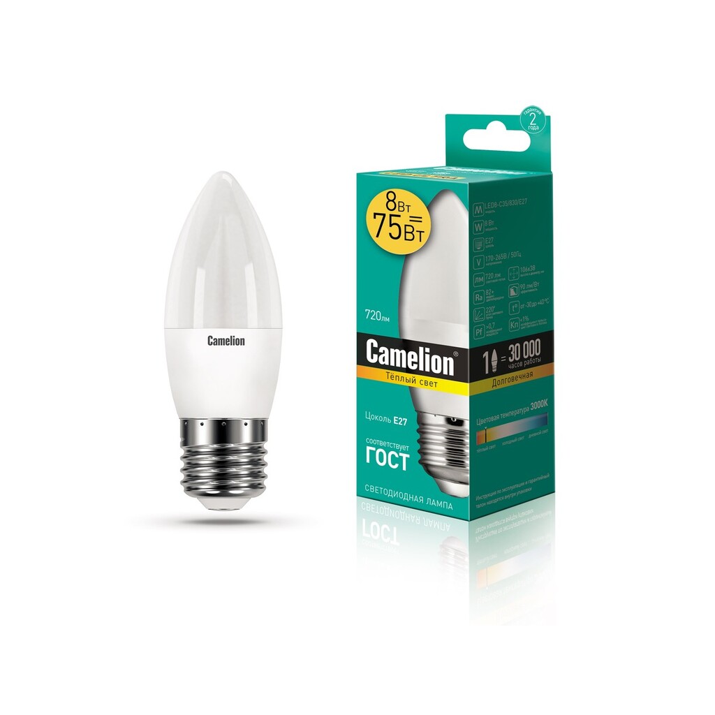 Светодиодная лампа Camelion LED8-C35/830/E27 8Вт 220В 12389