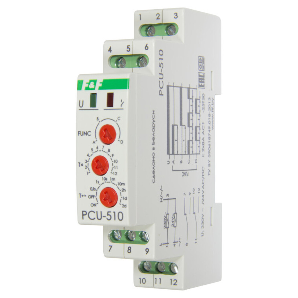 Реле времени многофункциональное PCU-510, контакты 2Р, монт. на DIN-рейке 35 мм, 2х5А 220В ЕВРОАВТОМАТИКА "F&F" EA02.001.009