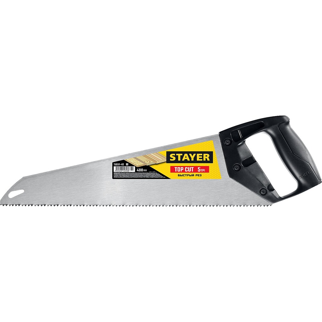 Ножовка ударопрочная пила Stayer "TopCut" 400 мм, 5 TPI, быстрый рез поперек волокон, для крупных и средних заготовок, 15061-40_z02