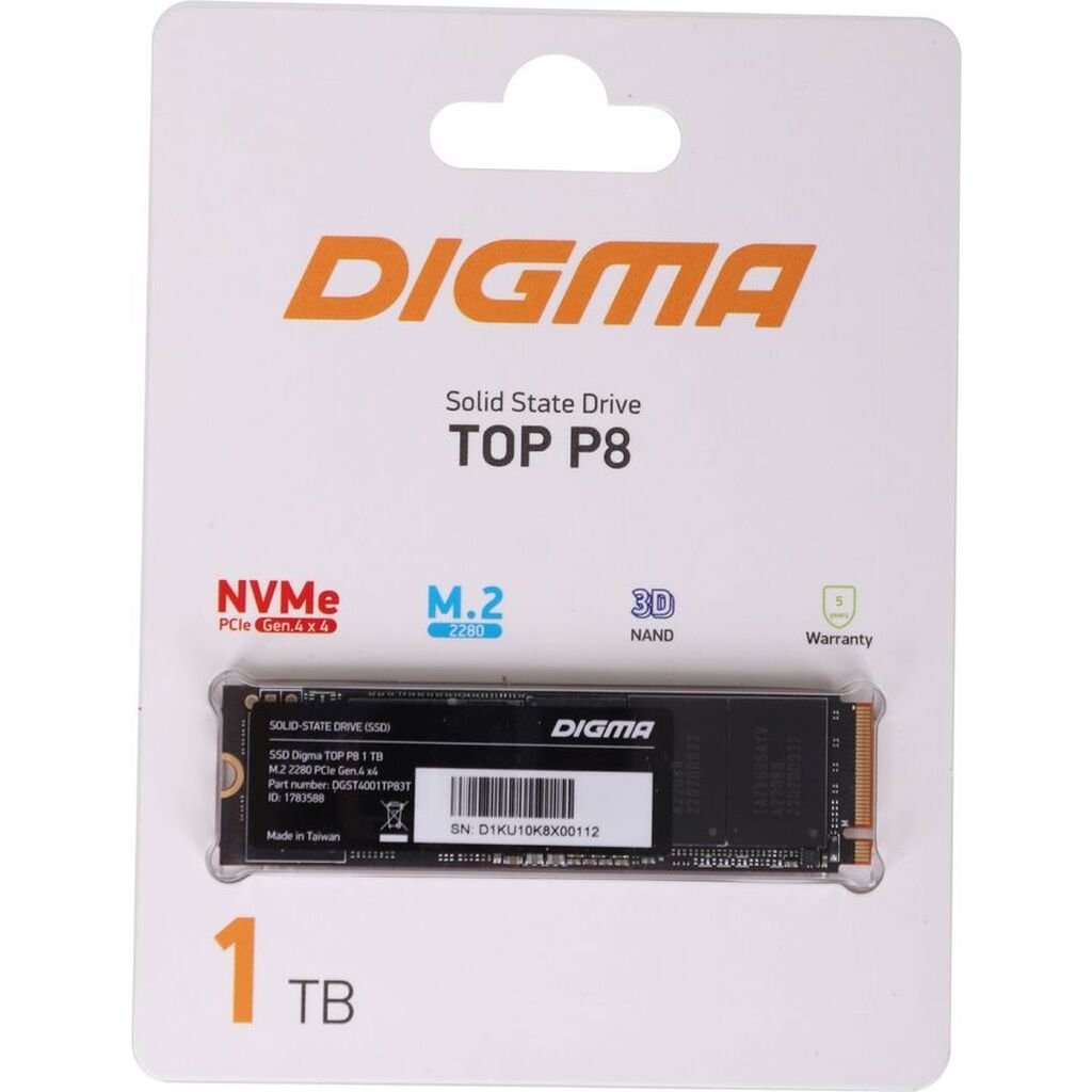 SSD накопитель Digma Top P8 DGST4001TP83T 1ТБ, M.2 2280, PCI-E 4.0 x4, NVMe,  M.2, rtl 1783588