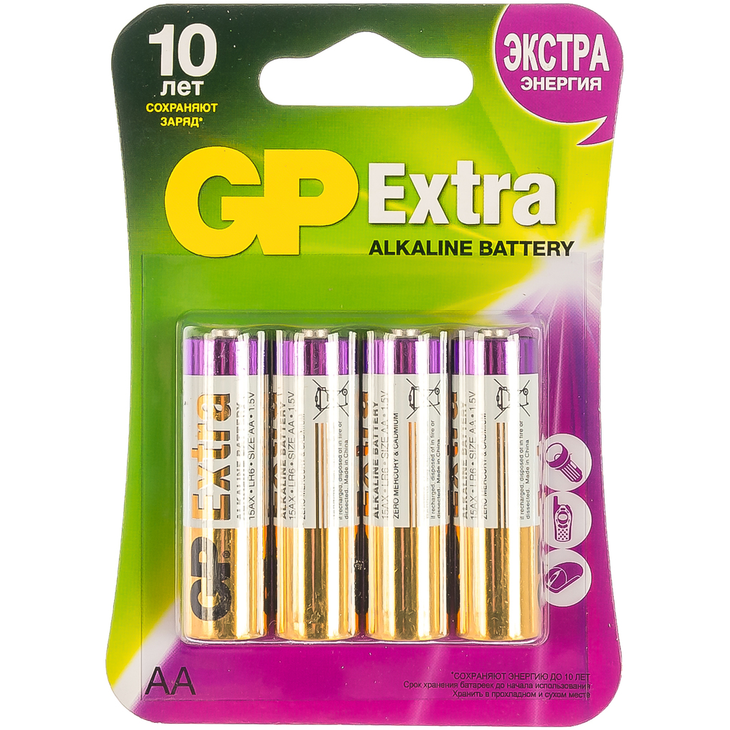 Алкалиновые батарейки GP АА 4 шт Extra Alkaline 15А 15AX-2CR4 Extra