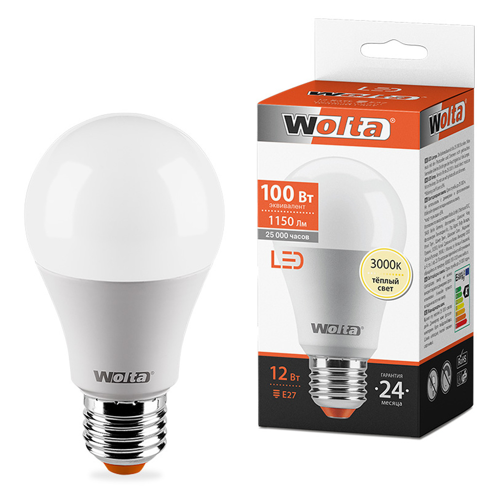 Лампа Wolta 12 Вт LED, 3000K, 25Y60BL12E27