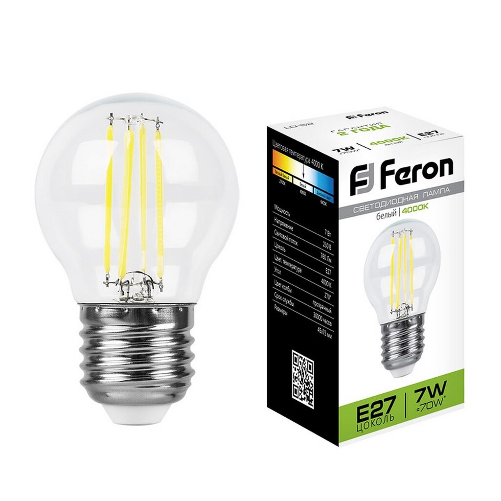 Светодиодная лампа FERON 7W 230V E27 4000K, LB-52 25877