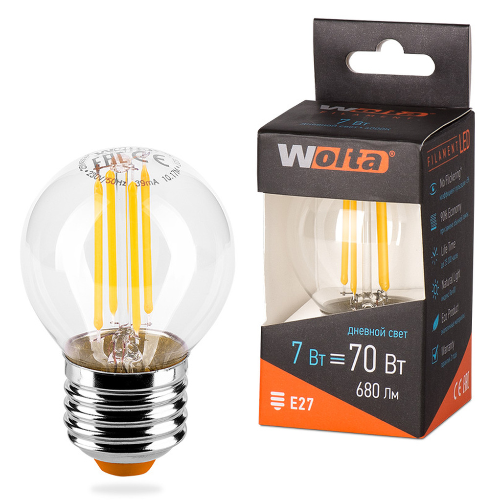 Лампа LED Wolta FILAMENT, 4000K, 25S45GLFT7E27