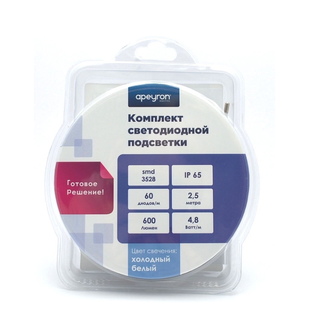 Комплект светодиодной ленты Apeyron 12В, 4,8Вт/м, smd 3528, 60 д/м, IP65, 2.5 м, коннектор, БП, х.б. 10-20