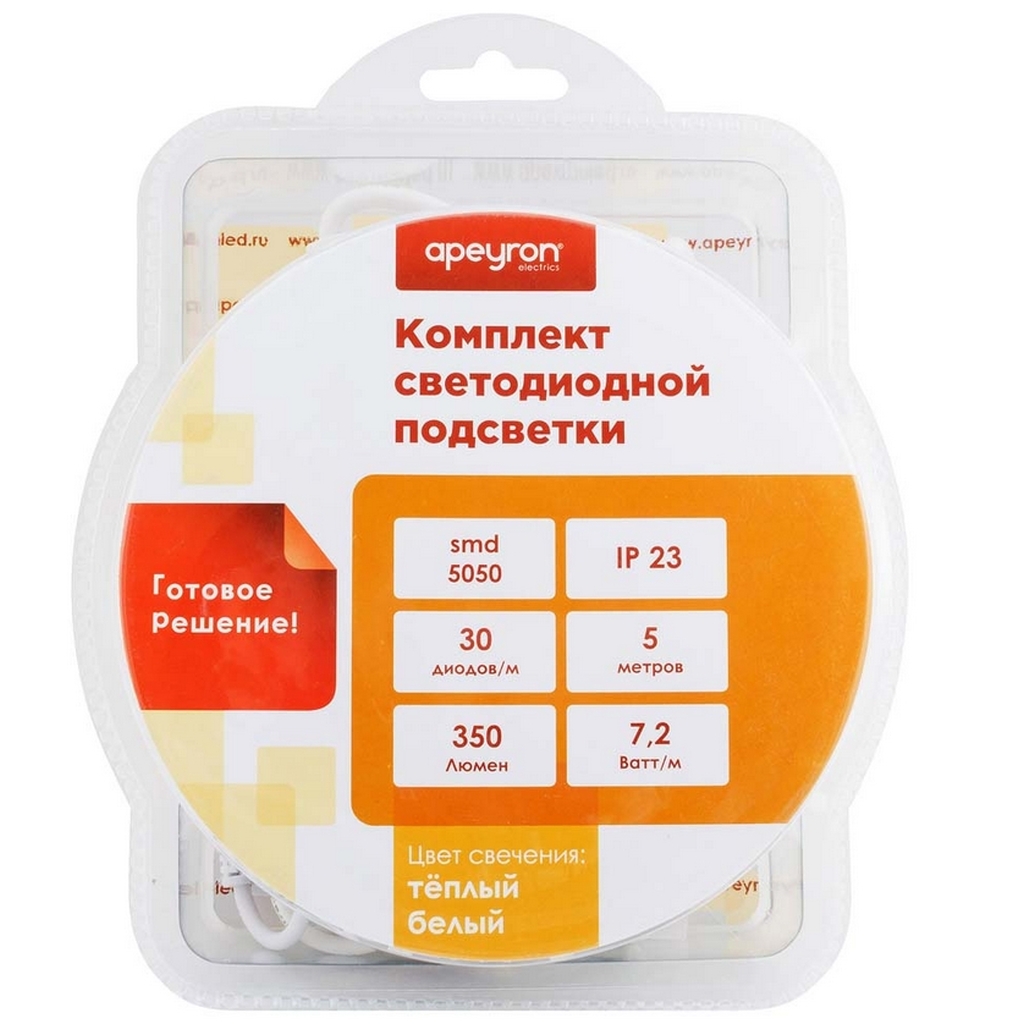 Комплект светодиодной ленты Apeyron 12В, smd 5050, 30 д/м, IP20, 5 м, теплый белый 10-41