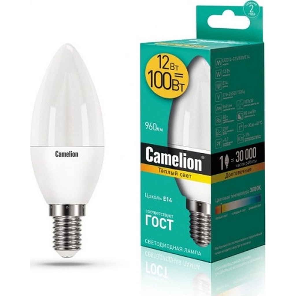 Светодиодная лампа Camelion LED12-C35/830/E14 12Вт 220В 13687