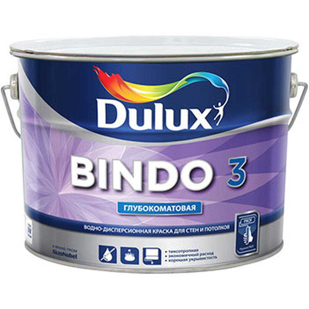 Краска для потолка и стен DULUX BINDO 3, матовая, белая, Баз BW 9л 5302489