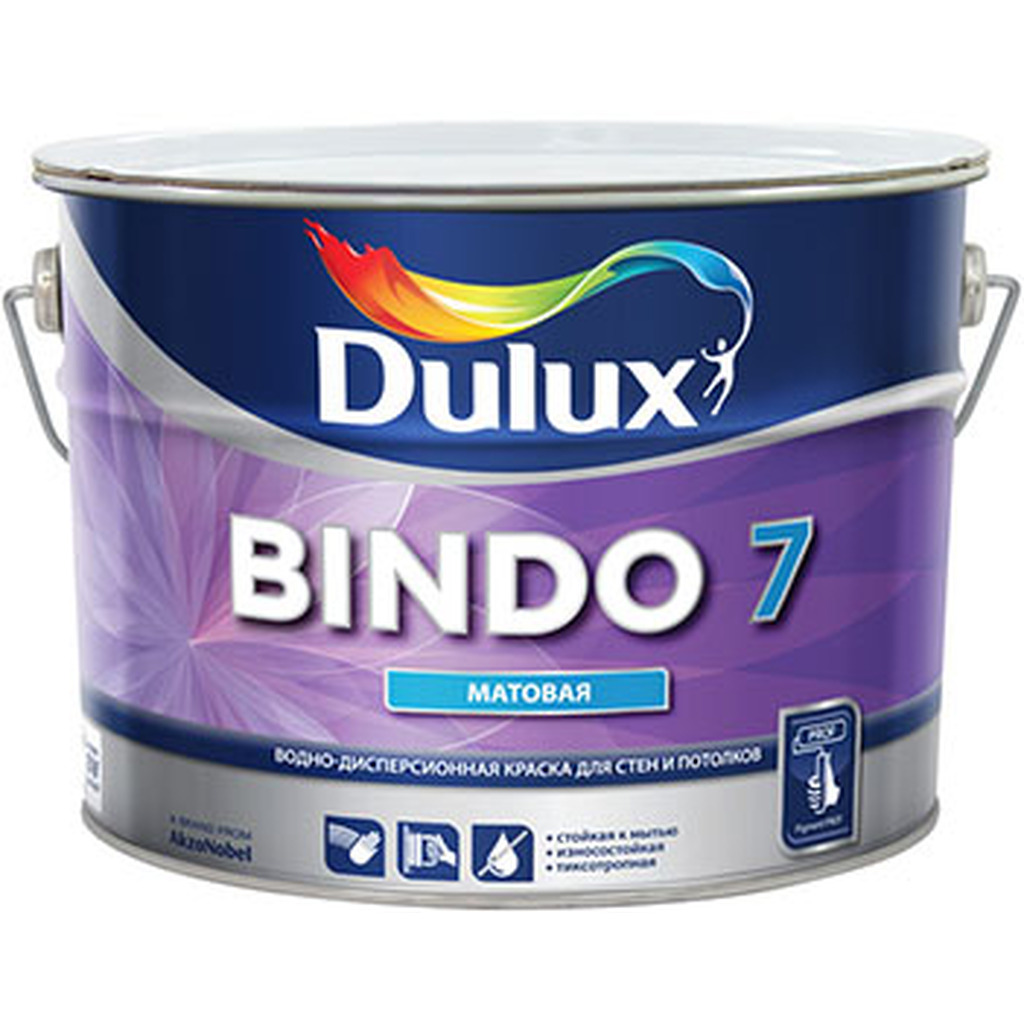 Краска для стен и потолков DULUX BINDO 7 , износостойкая, матовая, белая, Баз BW 1л 5309395