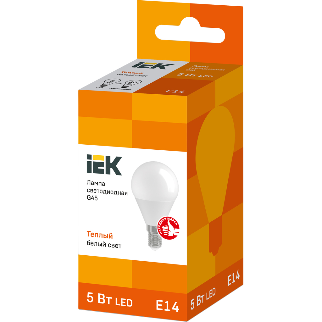 Лампа IEK LED G45 шар 5 Вт 230 В 3000К E14 LLE-G45-5-230-30-E14