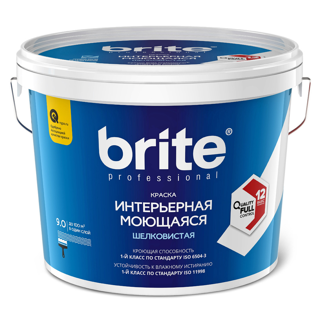 Интерьерная моющаяся краска BRITE PROFESSIONAL белая, шелковистая, база А, ведро 9л О02241