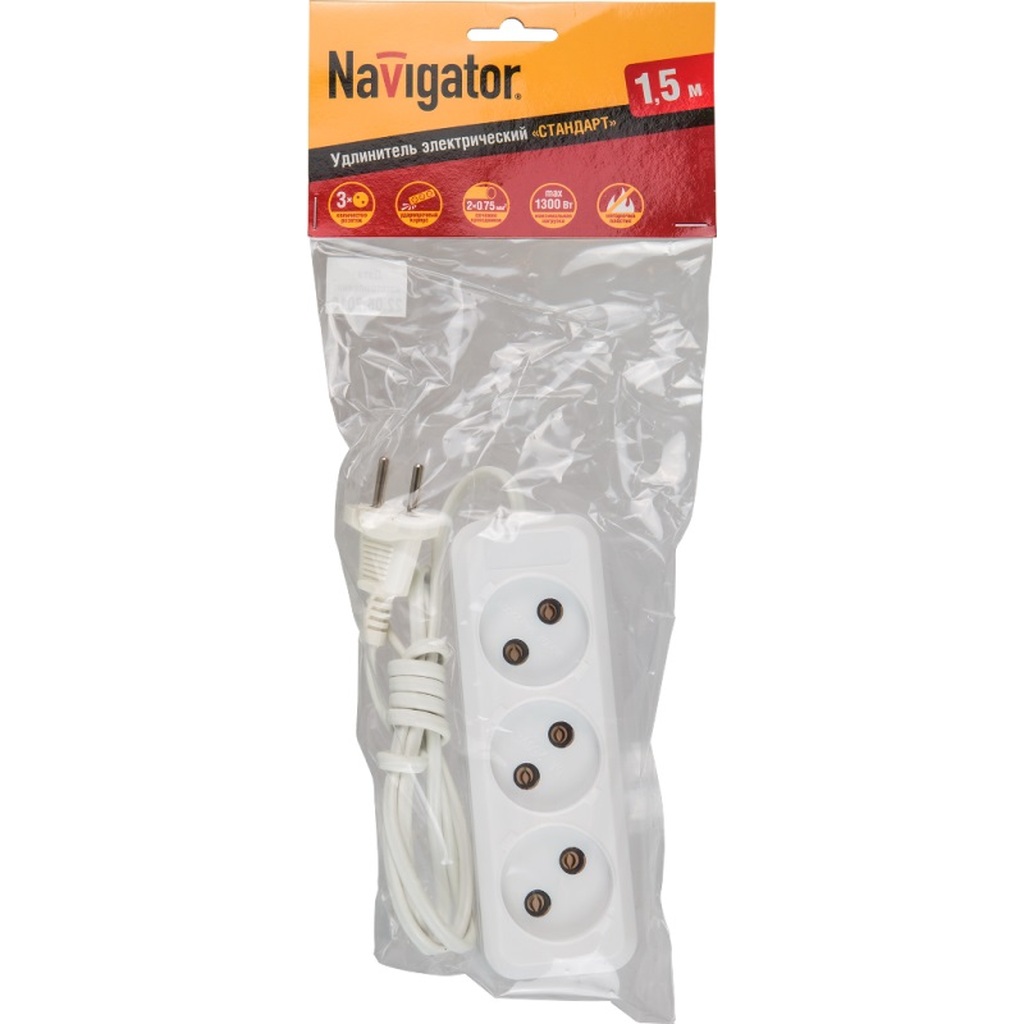 Удлинитель Navigator, NPE-S1-03-150-X-2x0.75, б/з, 3 гнезда, ШВВП, 1.5м 71448