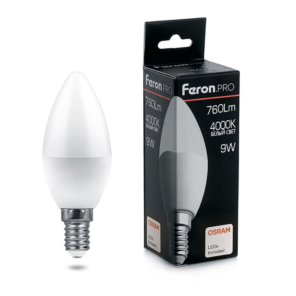 Светодиодная лампа FERON PRO LB-1309 Свеча E14 9W 4000K OSRAM LED 38060