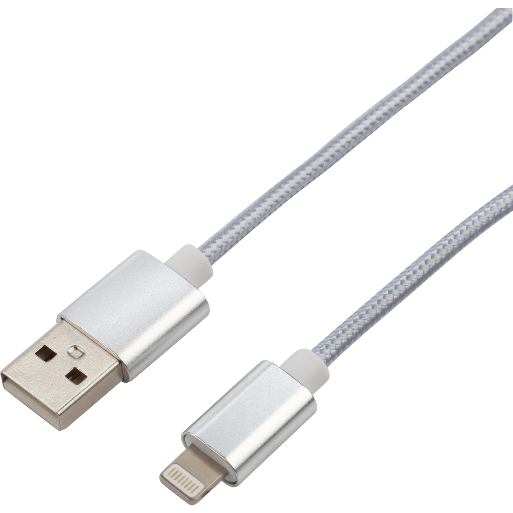 Кабель USB - Lightning REXANT 1 м, для iPhone серебристая нейлоновая оплетка 18-7051