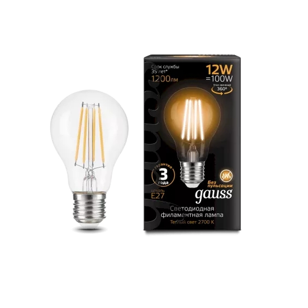 Лампа GAUSS Filament А60 12W 1200lm 2700К Е27 LED 1/10/40 102902112