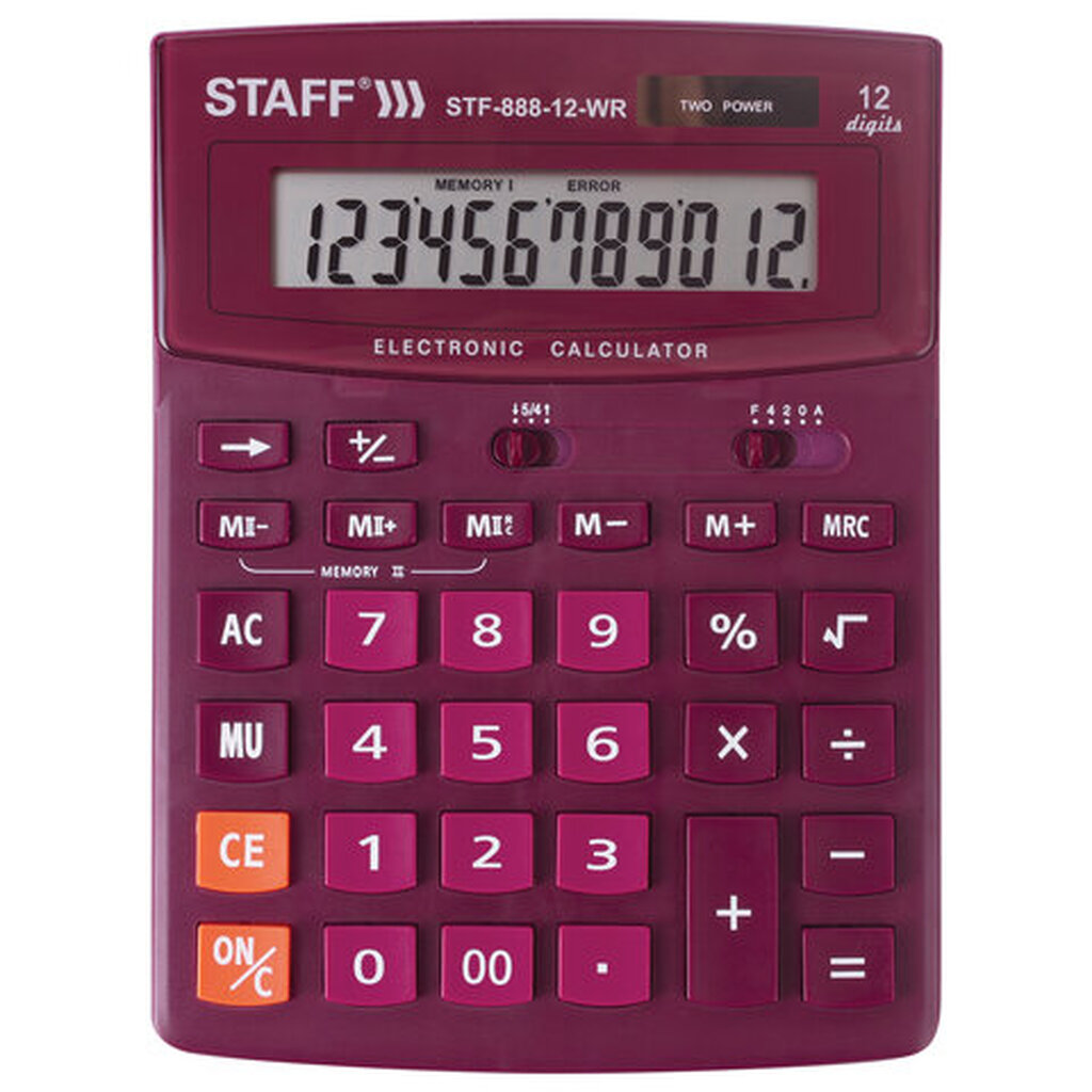 Настольный калькулятор STAFF STF-888-12-WR 200х150мм, 12 разрядов, двойное питание, бордовый, 250454