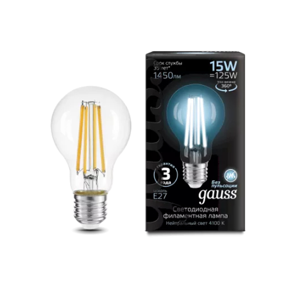 Лампа Gauss Filament А60, 15W, 1450lm, 4100К, Е27, LED, 1/10/40 102902215