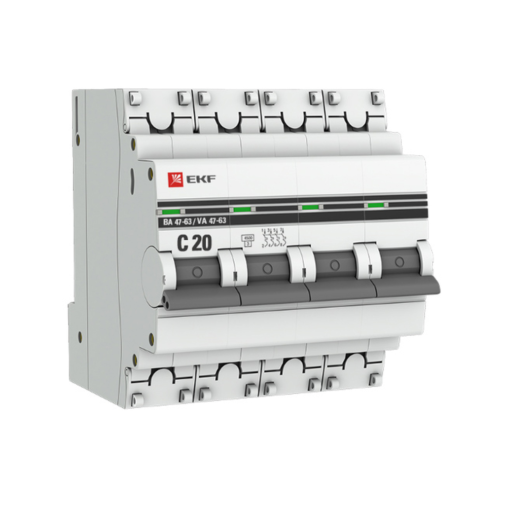 Автоматический выключатель EKF PROxima ВА 47-63 4P, 20А, 4,5kA,  mcb4763-4-20C-pro