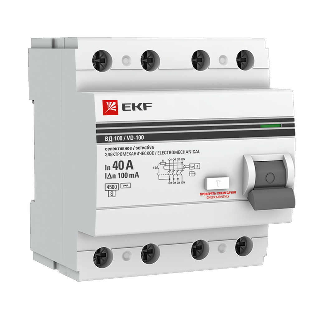 Селективное электромеханическое устройство защитного отключения EKF 4P 40А/100мА PROxima elcb-4-40-100S-em-pro