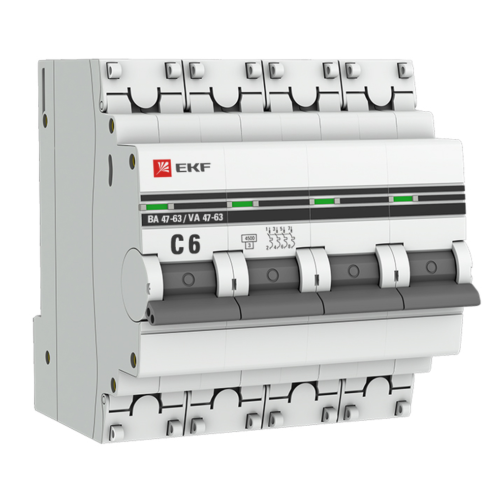 Автоматический выключатель EKF 4P, 6А, 4,5kA, ВА 47-63, PROxima,  mcb4763-4-06C-pro