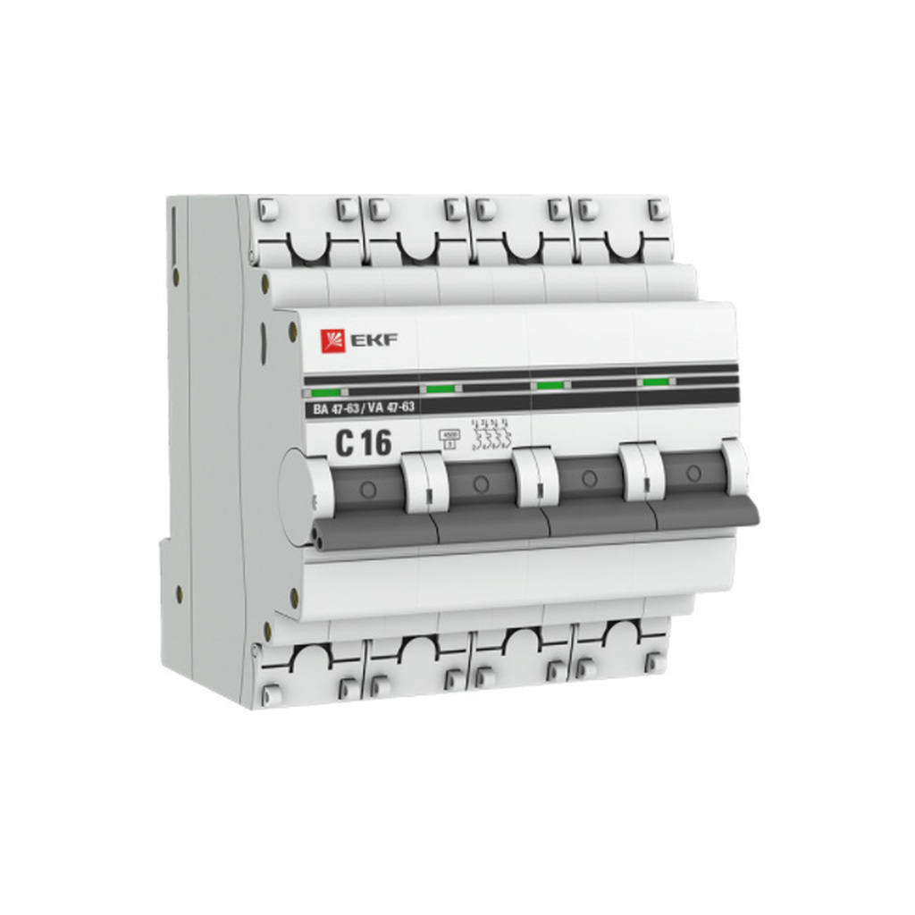 Автоматический выключатель EKF PROxima ВА 47-63, 4P, 16А, 4,5kA mcb4763-4-16C-pro MCB4763416CPRO