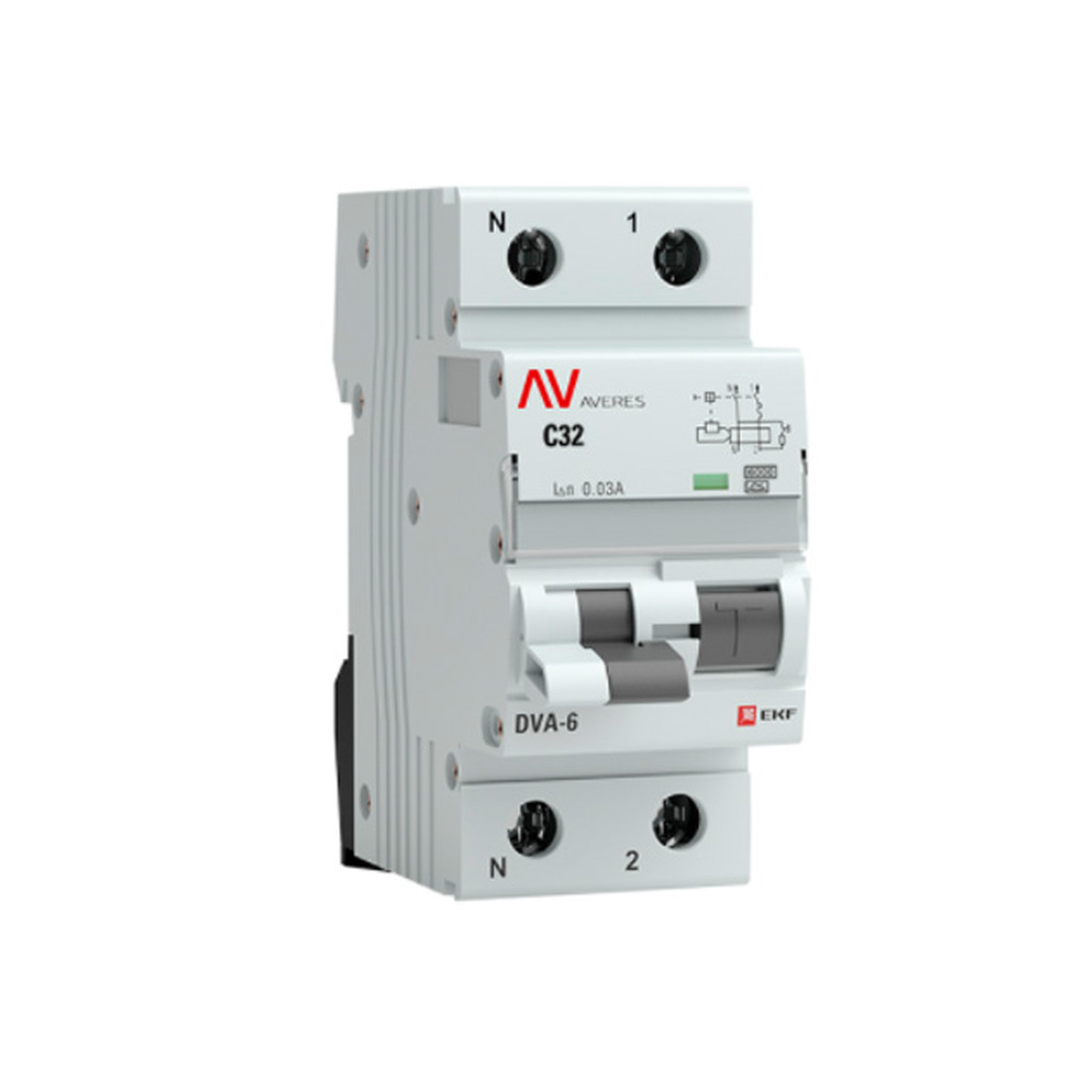 Дифференциальный автомат EKF AVERES DVA-6, 1P+N, 32А, 30мА, 6кА rcbo6-1pn-32C-30-a-av