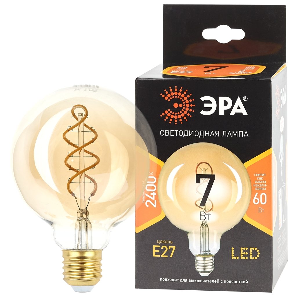 Светодиодная лампа ЭРА F-LED G95-7W-824-E27 spiral gold филамент, шар, спираль, золото, 7Вт, теплый, E27 20/560 Б0047663 ERA