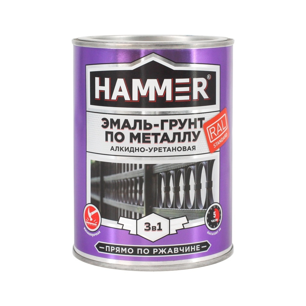 Эмаль-грунт по металлу HAMMER 3в1 АУ п/гл RAL 6005 зеленый мох 0,9 кг ЭК000133626