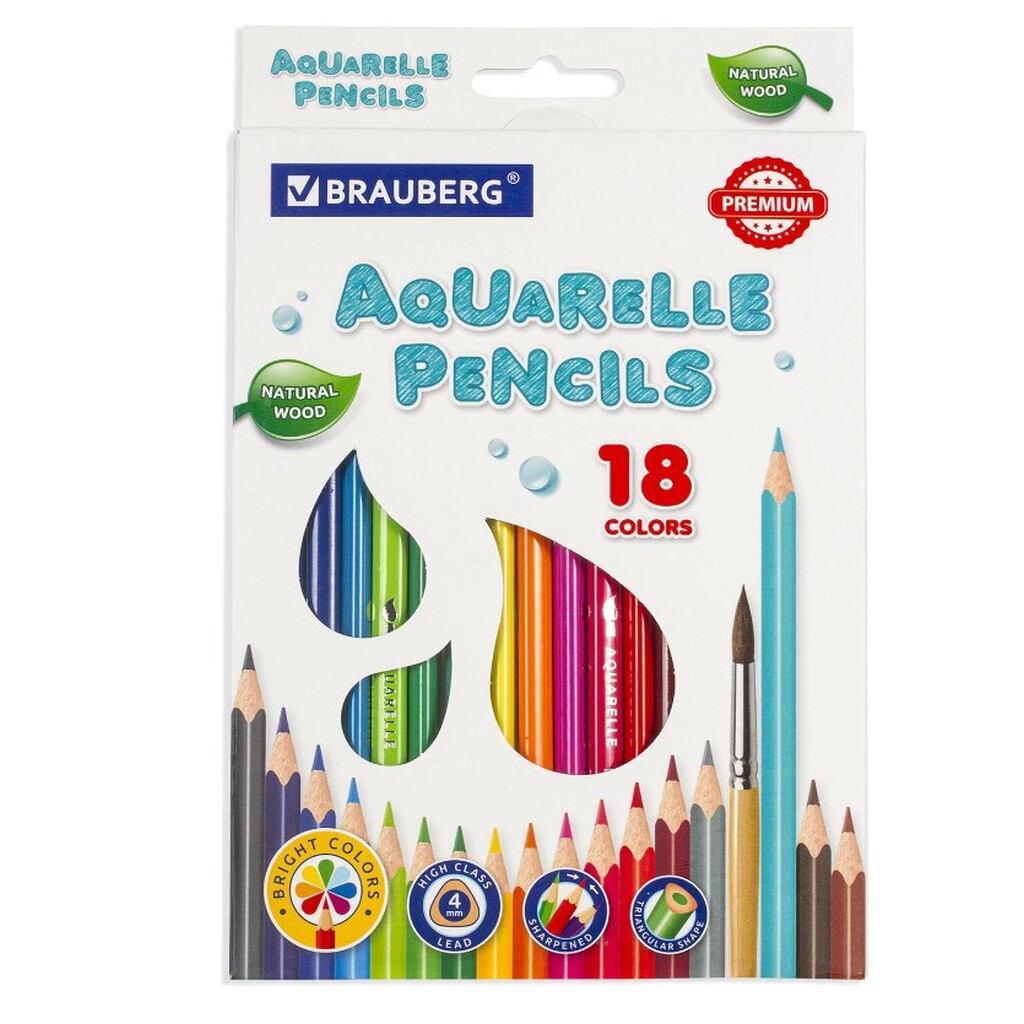 Цветные карандаши BRAUBERG PREMIUM AQUARELLE акварельные 18 цветов, грифель мягкий 4 мм 181672