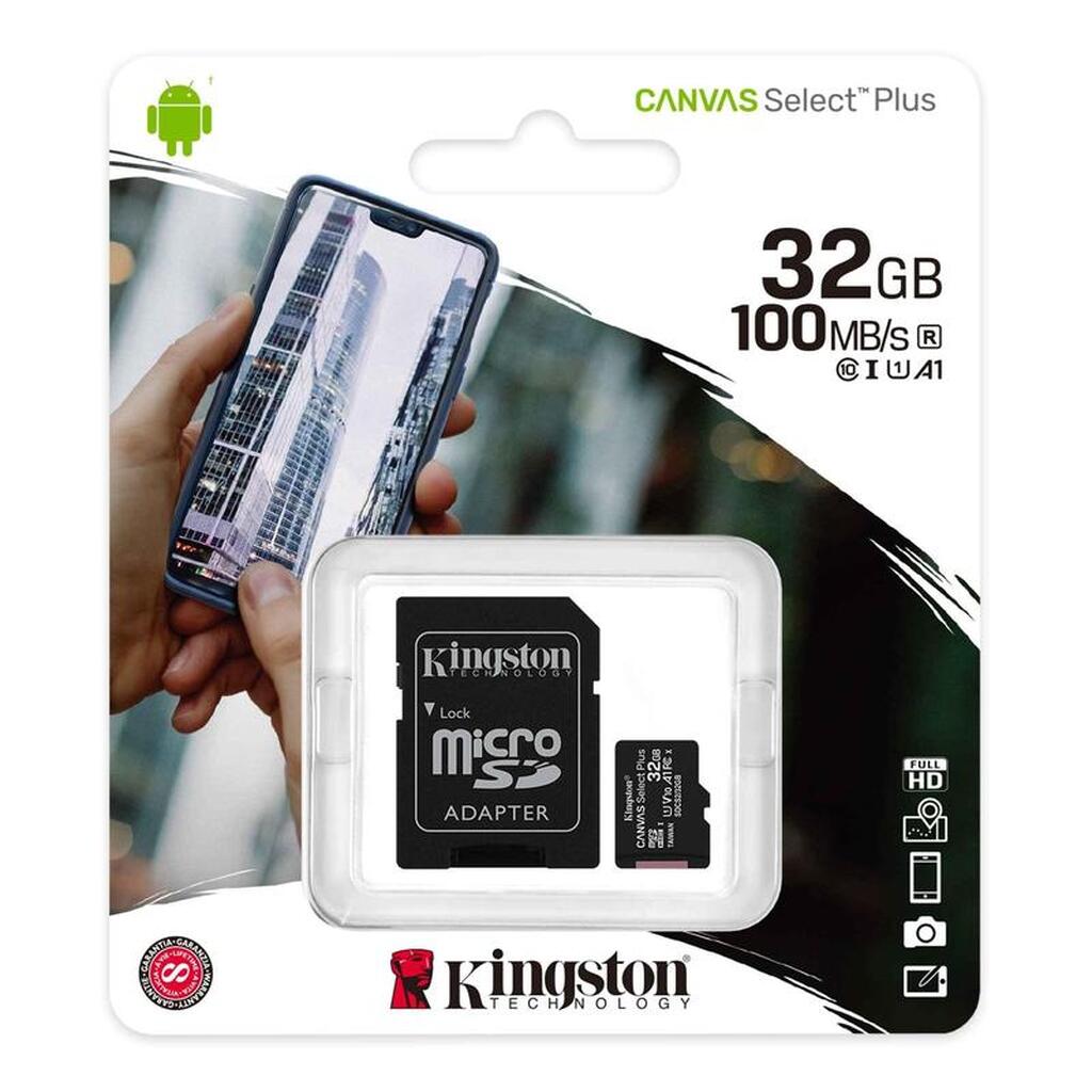 Карта памяти microSDHC UHS-I U1 KINGSTON Canvas Select Plus 32 ГБ, 100 МБ/с, Class 10, SDCS2/32GB,  1 шт., переходник SD