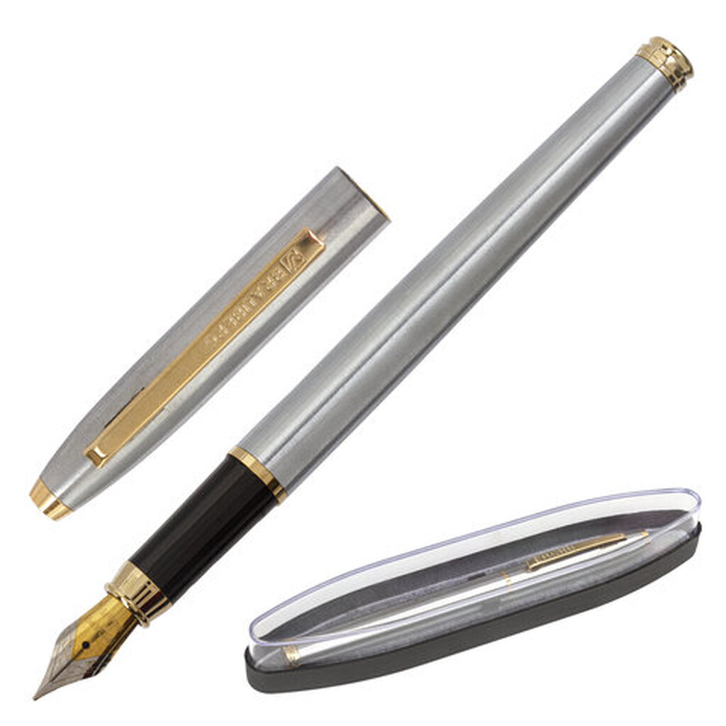Подарочная перьевая ручка BRAUBERG Brioso синяя, серебристый корпус с золотом, линия 0.25 мм 143464