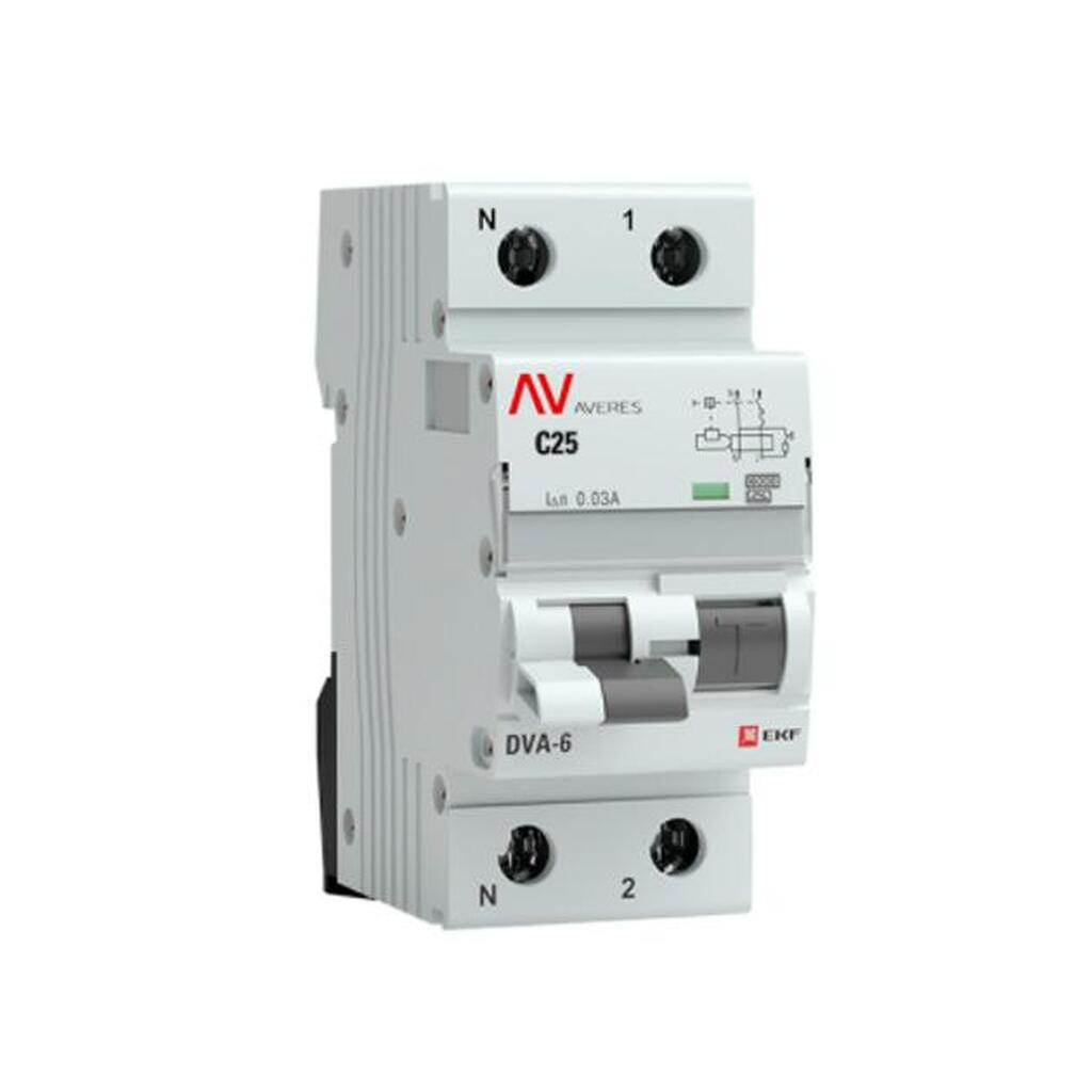 Дифференциальный автомат EKF AVERES DVA-6, 1P+N, 25А, 30мА, 6кА rcbo6-1pn-25C-30-a-av