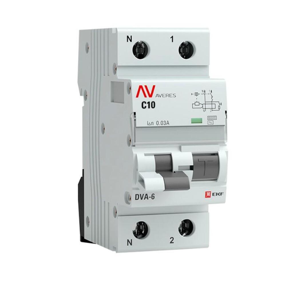 Дифференциальный автомат EKF DVA-6 1P+N 10А 30мА 6кА AVERES rcbo6-1pn-10C-30-ac-av