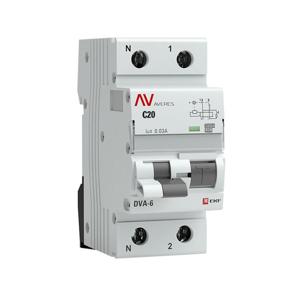 Дифференциальный автомат EKF DVA-6, 1P+N, 20А, 30мА, 6кА, AVERES, SQ rcbo6-1pn-20C-30-a-av